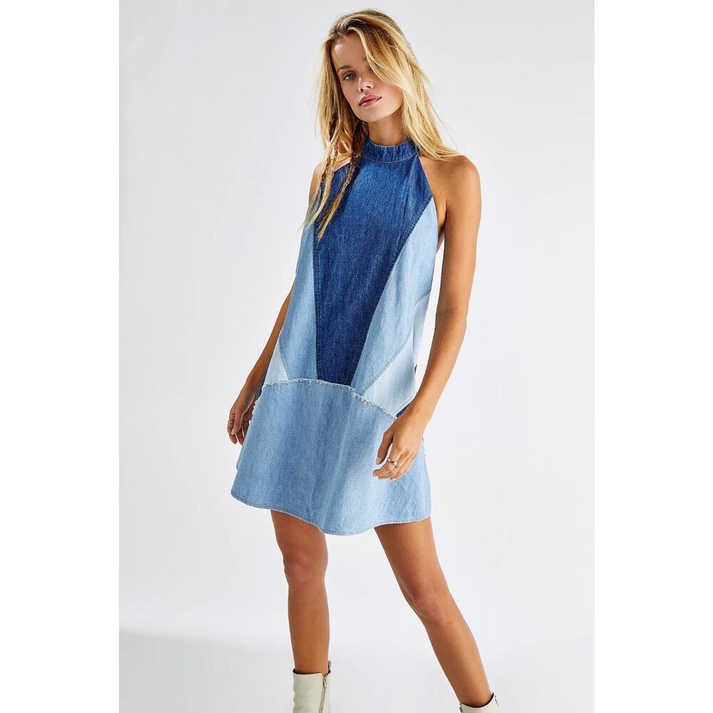 Free People Rising Sun Mini Denim Patched Halter Contrast Exposed Back | M EUC